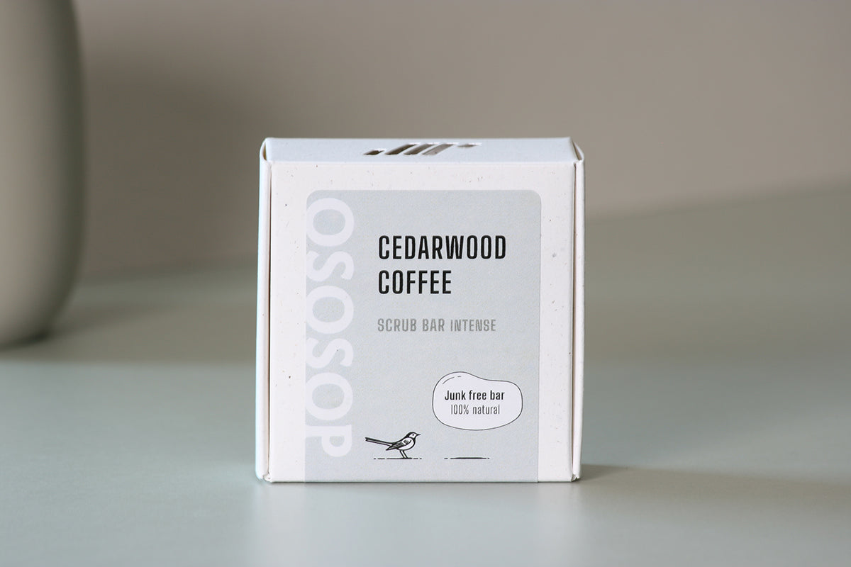 Cedarwood coffee scrub bar with ground coffee, intense natural exfoliation and earthy scent for smooth, revitalized skin