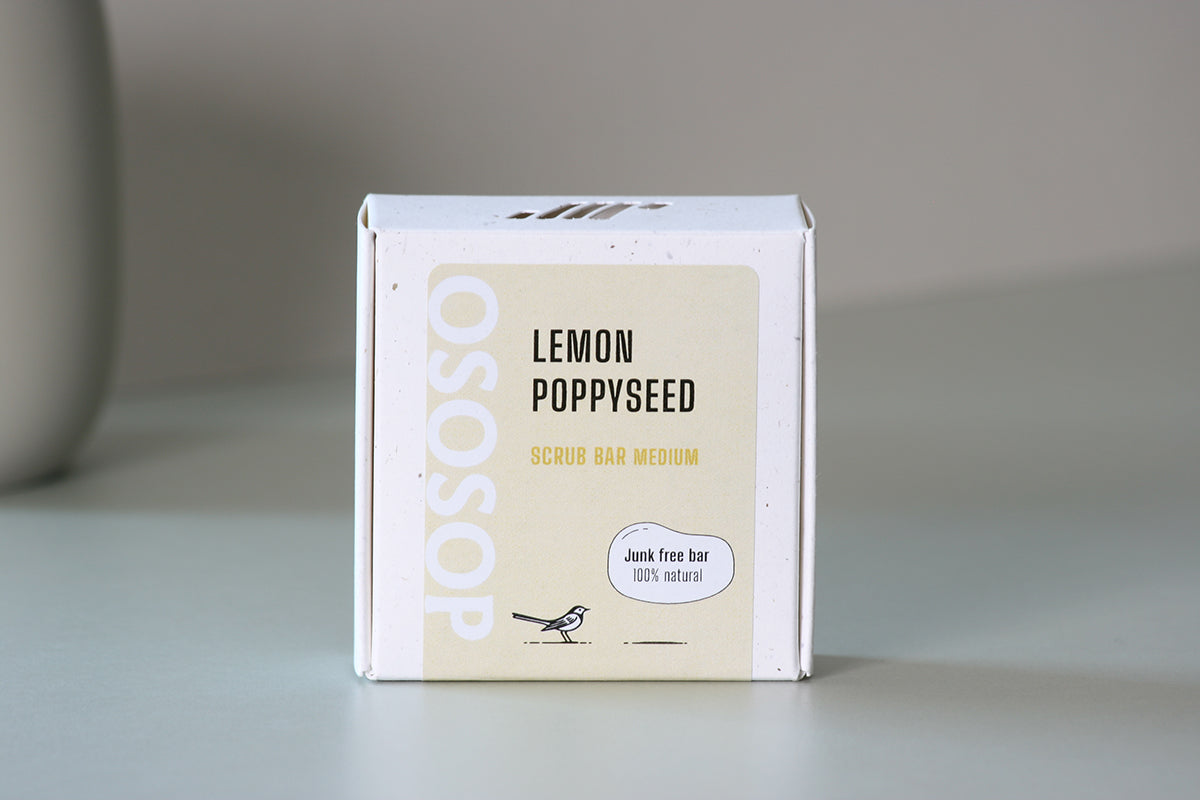 Lemon poppyseed scrub soap bar with natural citrus oils and poppy seeds, gentle exfoliation for soft, glowing skin
