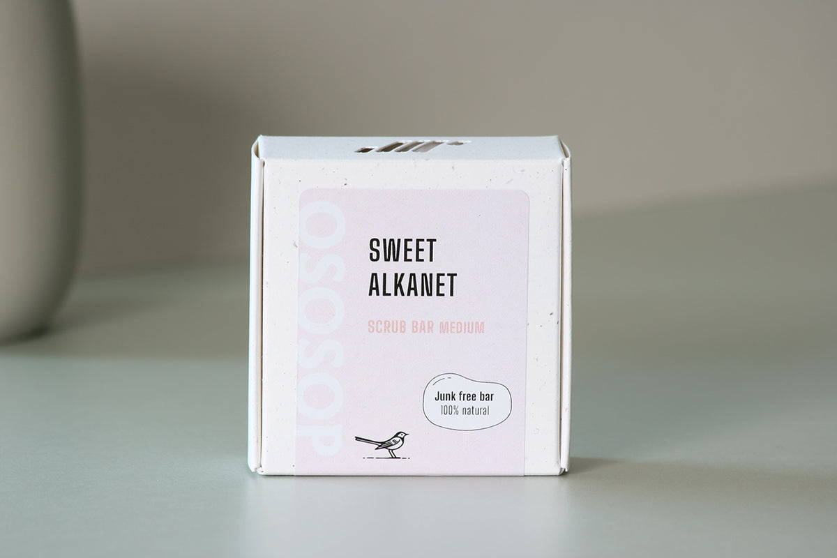 Sweet Alkanet scrub bar with pink clay and alkanet root, gentle exfoliation and floral-citrus scent for smooth skin